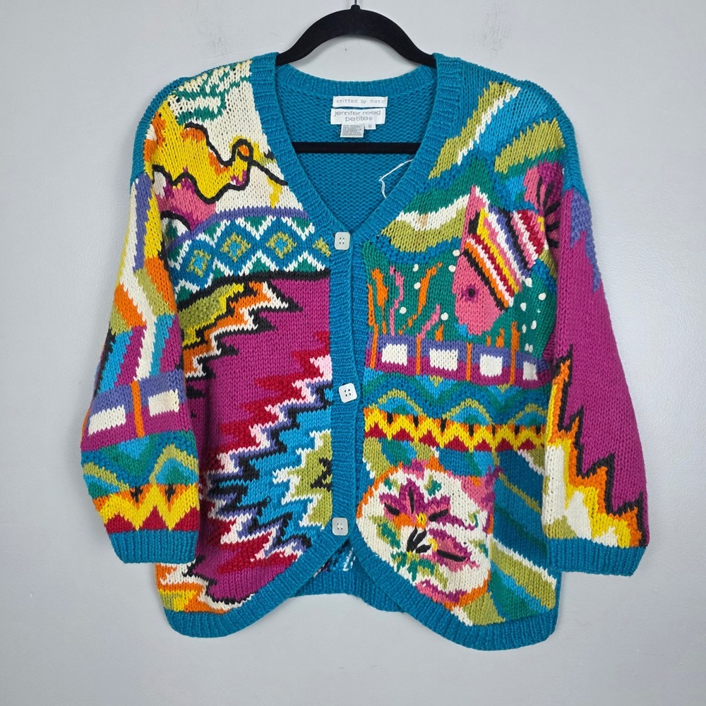 Jennifer Reed Petite Vintage Colorful Knit Cardigan Sweater Hand Knitted S
